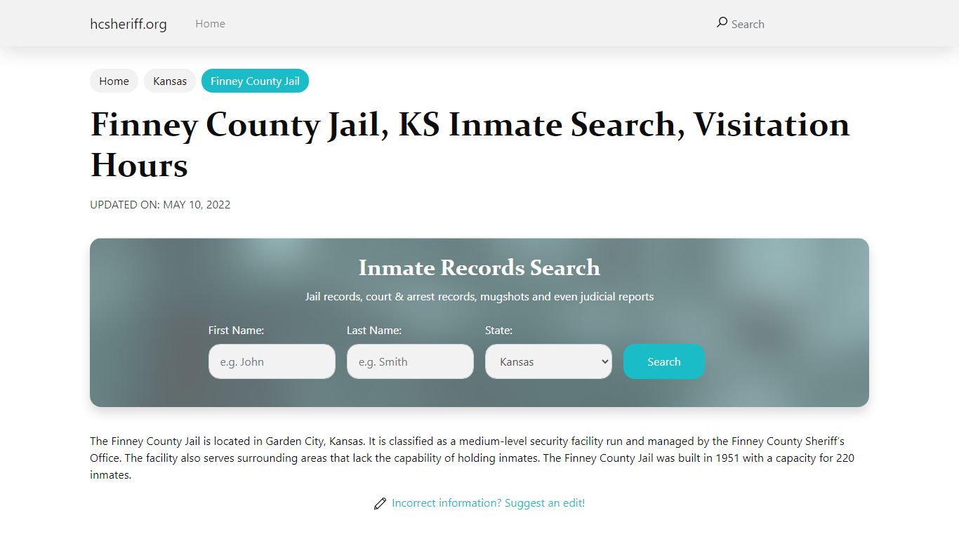 Finney County Jail, KS Inmate Search, Visitation Hours